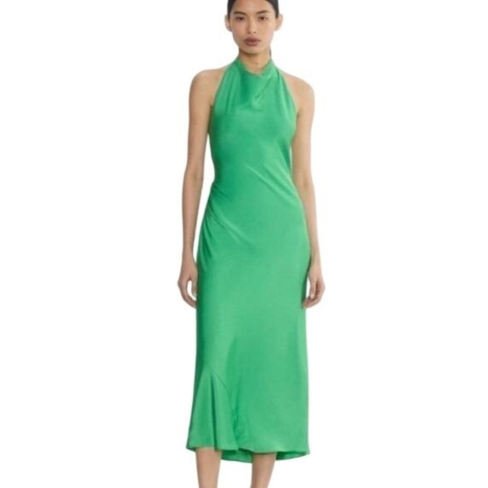 Aritzia Wilfred Audience Satin Halter Midi‎ Dress Court Green Open Back Size 00